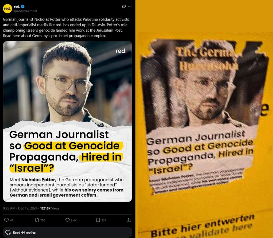 A red media post criticizing journalist Nicholas Potter left appears as a modified sticker in Germany right Photo provided to MintPress   MR Online