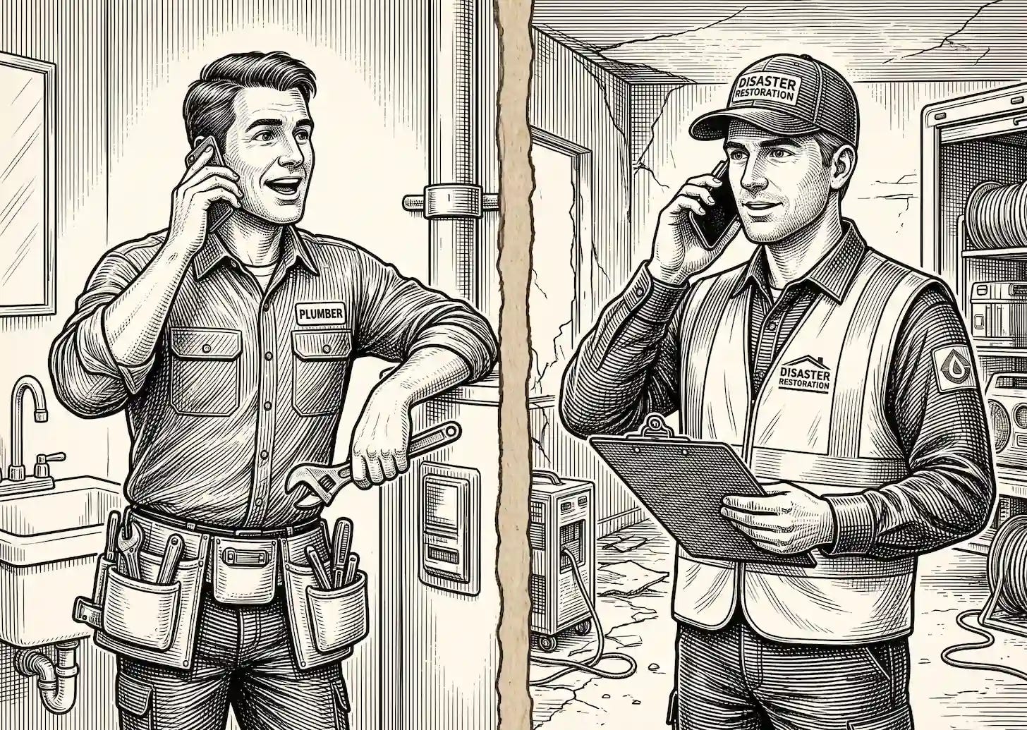 plumber technician calls restoration professional to refer customer home damage needs