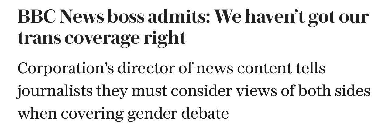 BBC News boss admits: We haven't got our trans coverage right
Corporation's director of news content tells journalists they must consider views of both sides when covering gender debate
B
B
C
LESBIANS
FOR
TRANS
Trans BBC News boss admits: We haven't got our trans coverage right
Corporation's director of news content tells journalists they must consider views of both sides when covering gender debate
B
B
C
LESBIANS
FOR
TRANS
Trans