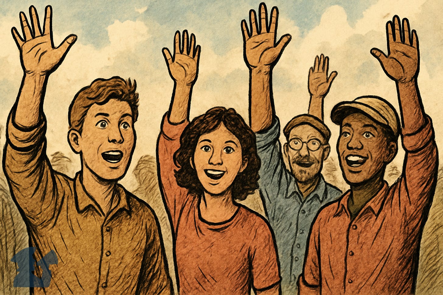 Illustration of volunteers raising their hands to offer help
