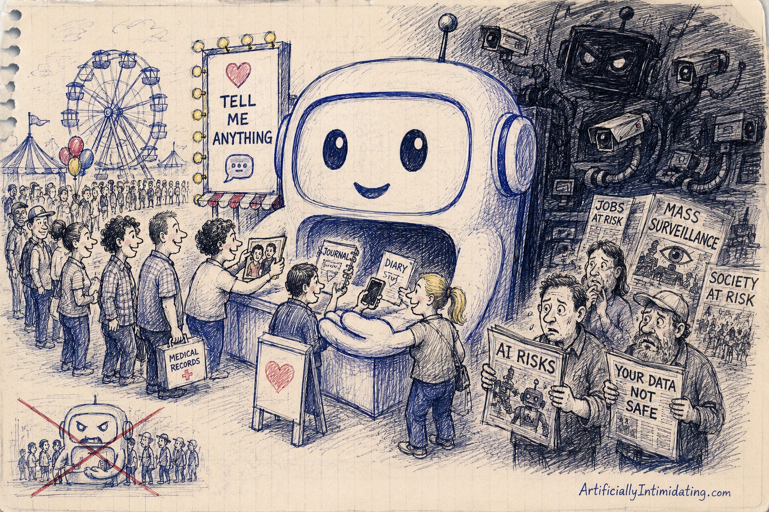 AI-generated editorial cartoon showing a giant friendly chatbot booth at a county fair as a long line of Americans eagerly hand over personal information, phones, diaries, medical records, and life problems while simultaneously reading alarming headlines about AI risks, surveillance, and social disruption. The illustration highlights the contradiction between growing AI adoption and growing public distrust.