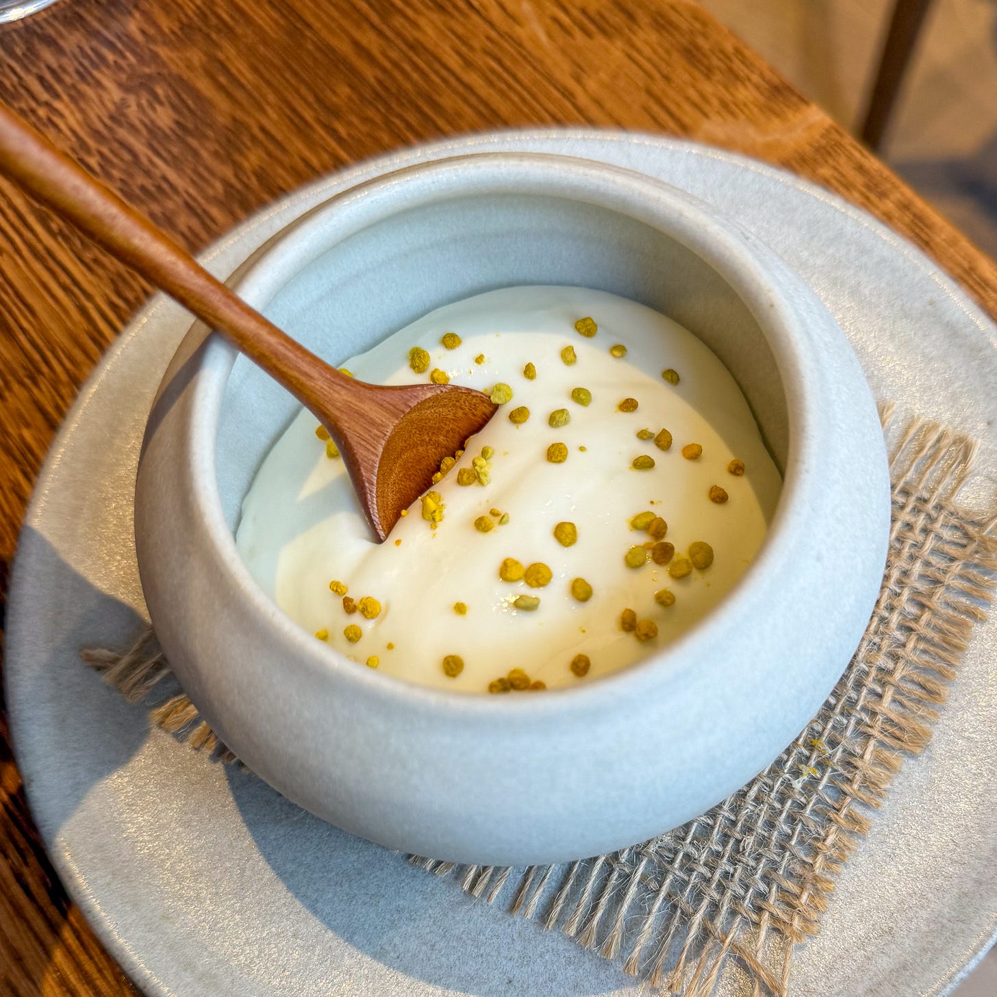 Honey, pollen and miso dessert at Eme, Paris 4th