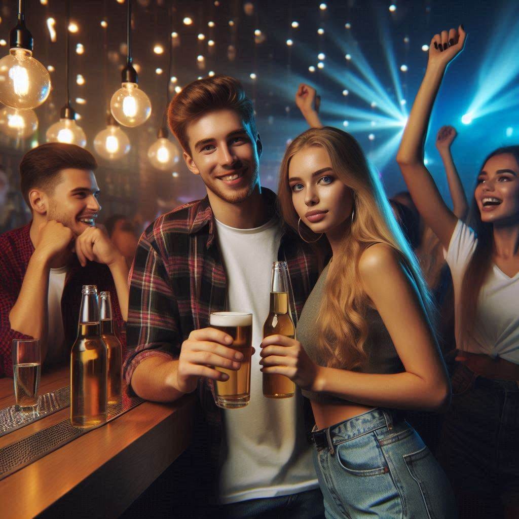 photorealistic, a happy young teenage Russian couple inside a Russian club both drinking beers while standing at the bar, other dancers are drinking beer photorealistic, a happy young teenage Russian couple inside a Russian club both drinking beers while standing at the bar, other dancers are drinking beer