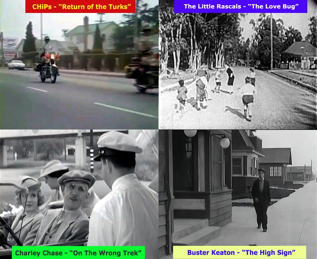 Filming locations then and now from the TV series CHiPs, Our Gang / The Little Rascals, Charley Chase and Buster Keaton