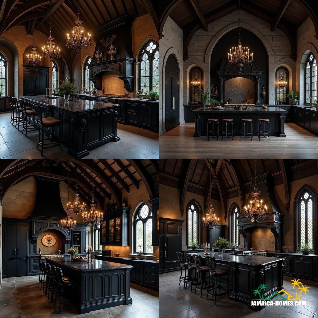 A state-of-the-art gothic kitchen in Jamaica combines the rich, dramatic aesthetic of gothic design with modern culinary technology, tailored to the island's tropical environment.