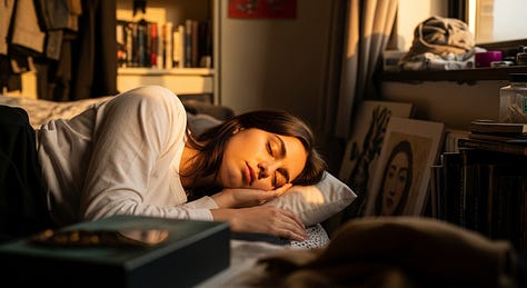 "Woman sleeping on her side, hand tucked under cheek, golden hour light in a cluttered urban bedroom." - by GPT-4o, Imagen 4, and Seedream 3.0 image models