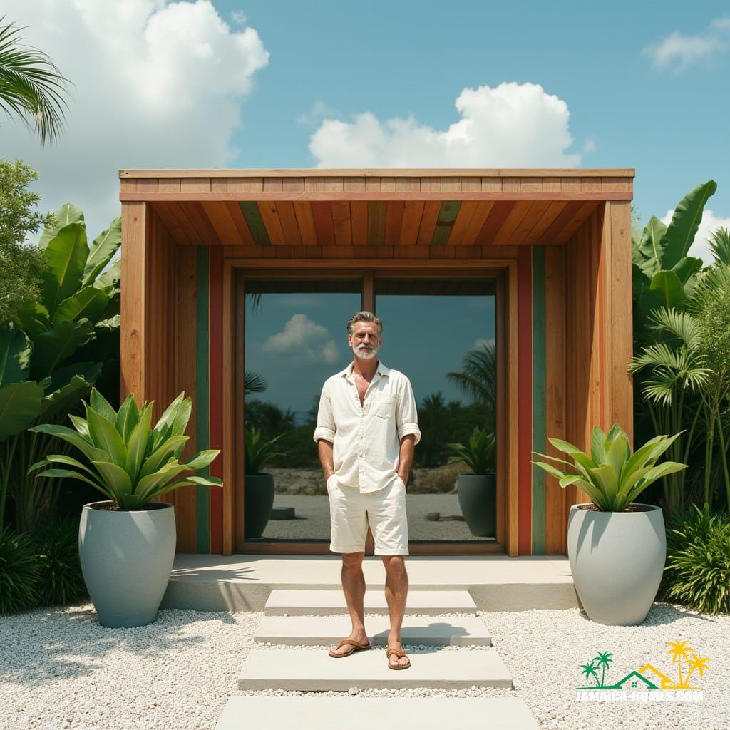 A handsome man in his 50s with a stylishly trimmed beard, wearing a loose linen shirt and tailored shorts, stands confidently with his hands in his pockets in front of a minimalist, modern wooden beach shack. The shack features floor-to-ceiling glass windows and a wide glass sliding door, with vertical wood paneling painted in bold stripes of red, green, and gold. Two minimalist gray concrete planters with lush green tropical plants flank the entrance. The ground is a mix of smooth white pebbles and large, flat stepping stones. The scene is bathed in bright, natural daylight under a clear blue sky with fluffy white clouds, surrounded by vibrant green foliage. The aesthetic is contemporary and clean. Cinematic film still, shot on v-raptor XL, 35mm film, film grain, vignette, color graded, post-processed, cinematic lighting, atmospheric, high-resolution, professional photography, masterpiece, epic, best quality, dramatic.