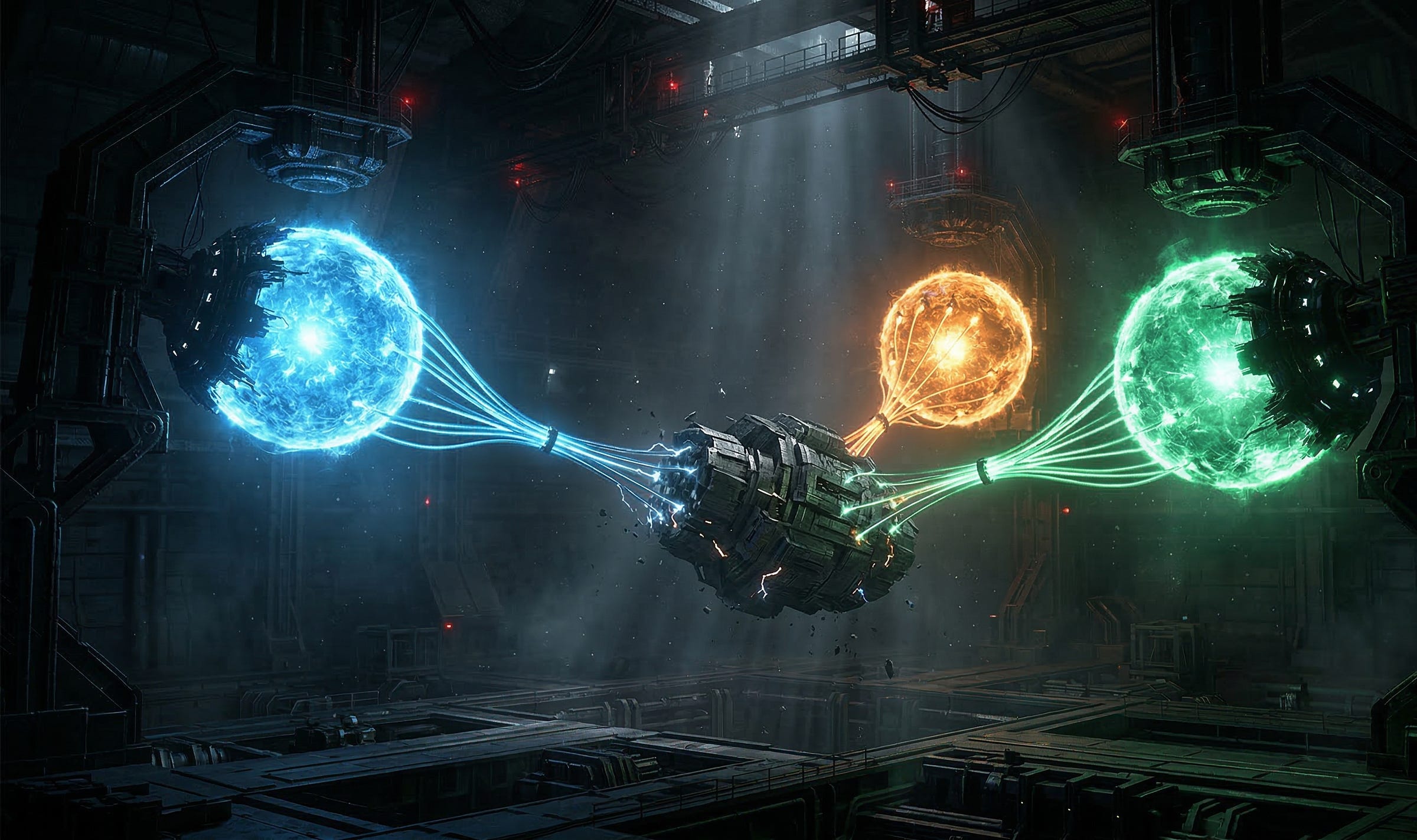 Three glowing energy spheres in blue, amber, and green, each held by mechanical containment arms, pulling at a dark cracking object suspended between them in an industrial facility
