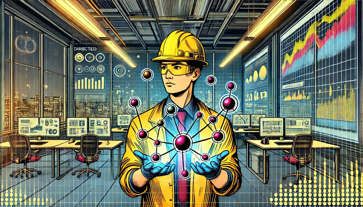 A comic book style illustration of an Asian male data engineer in a modern office setting. He is wearing a yellow safety helmet and holding a holographic graph in the style of a Directed Acyclic Graph (DAG), with glowing nodes and connecting lines hovering above his hands. Behind him, there are wide futuristic dashboards and data visualizations glowing on high-tech screens. The office features sleek desks, digital equipment, and ambient lighting. The image is in a wide 3:2 aspect ratio with bold dark outlines, flat vibrant colors, and expressive comic book character features. The composition is dynamic and colorful.
