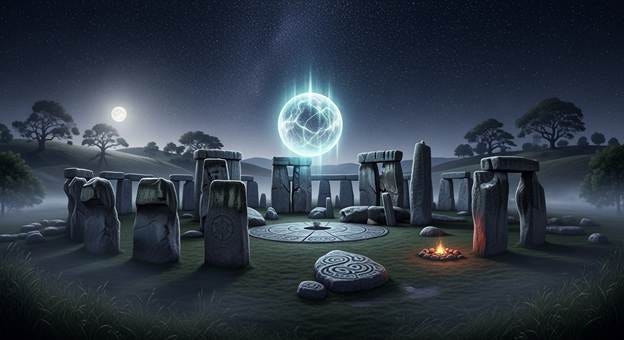 Ancient stone circle under starry sky with mysterious glowing orb hovering above, representing Norfolk's astronomical heritage Ancient stone circle under starry sky with mysterious glowing orb hovering above, representing Norfolk's astronomical heritage