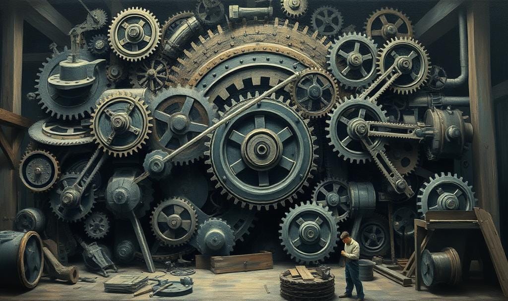 A calm, atmospheric expressionist oil painting featuring a focused mechanic immersed in repairing a colossal, mysterious machine. The composition centers on the machine's intricate system of interlocking, oversized gears—painted with dynamic, swirling brushstrokes and exaggerated proportions to highlight texture and movement. Dozens of gears, cogs, and wheels dominate the foreground and background, overlapping and layered to create visual complexity. Muted, moody colors and soft, diffused lighting add tranquility, while the mechanic’s figure is partially obscured by the profusion of gears. Style reminiscent of Edvard Munch, wide-shot in an ambiguous workshop setting.