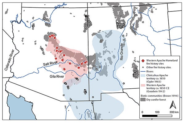 Map showing how researchers compared fire evidence from tree rings found inside the pink area, which coincides with two Western Apache reservations, to those outside it.