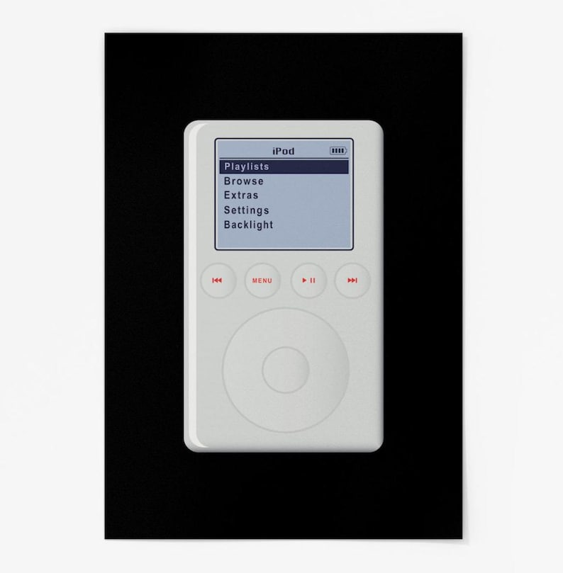 May include: A white iPod with a black and white screen. The screen displays the text 'iPod' and a menu with the following options: Playlists, Browse, Extras, Settings, Backlight. The iPod has a circular button in the center and four buttons below it: <<, Menu, >>, and ||.