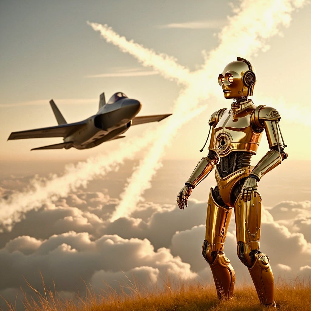 A robot standing on a hill with a jet flying in the sky

AI-generated content may be incorrect.