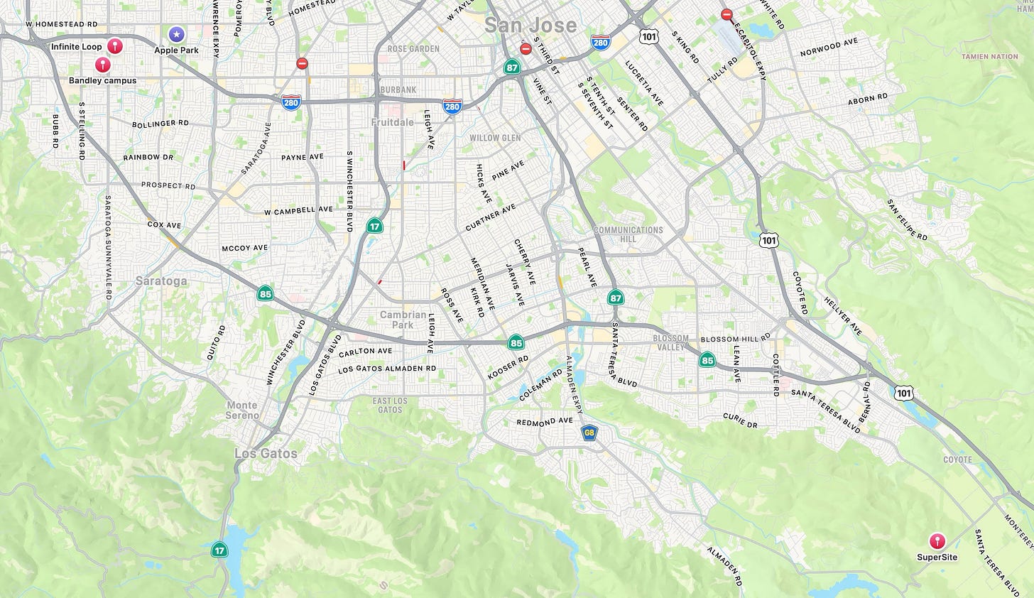 Various Apple campuses, real and imagined. Three in Cupertino and one in San Jose.