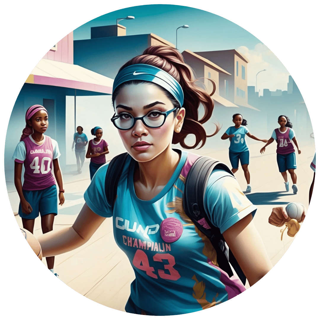 A dynamic scene of a women's basketball team in an urban setting. The foreground player, wearing a light blue jersey with number 43, black-rimmed glasses, and a headband, moves determinedly with a basketball. Other players in blue and maroon jerseys are seen in the background, highlighting teamwork and competition against the backdrop of city buildings and street lamps.