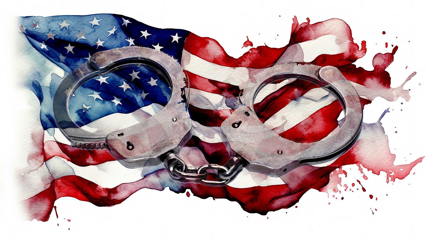 Handcuffs on an image of the American flag
