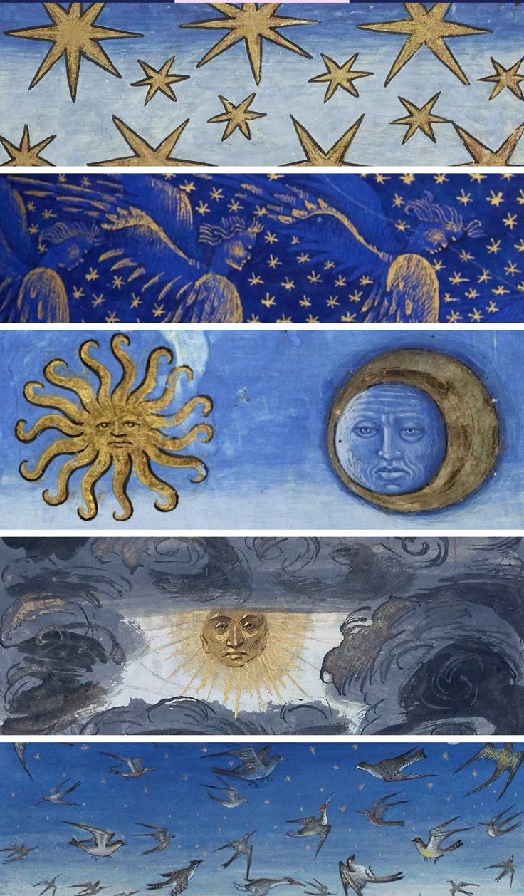 This may contain: four different types of art work with stars and moon in the middle one is blue