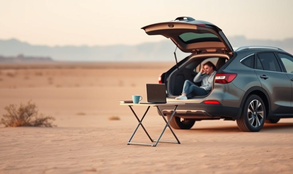 Minimal remote workspace set up in a desert landscape with a laptop and coffee on a small table beside an open car trunk, emphasizing focused work outside a traditional office.