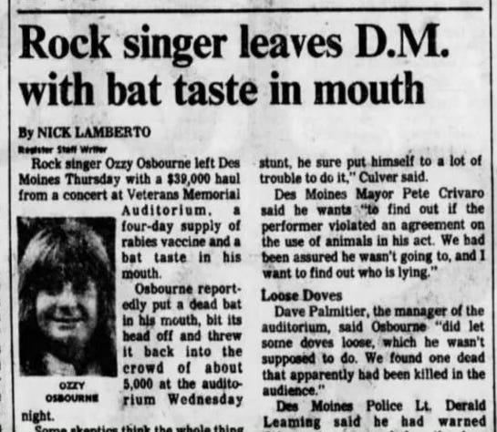 DM Register 1982 story about Ozzy Osbourne biting off head of bat during live performance