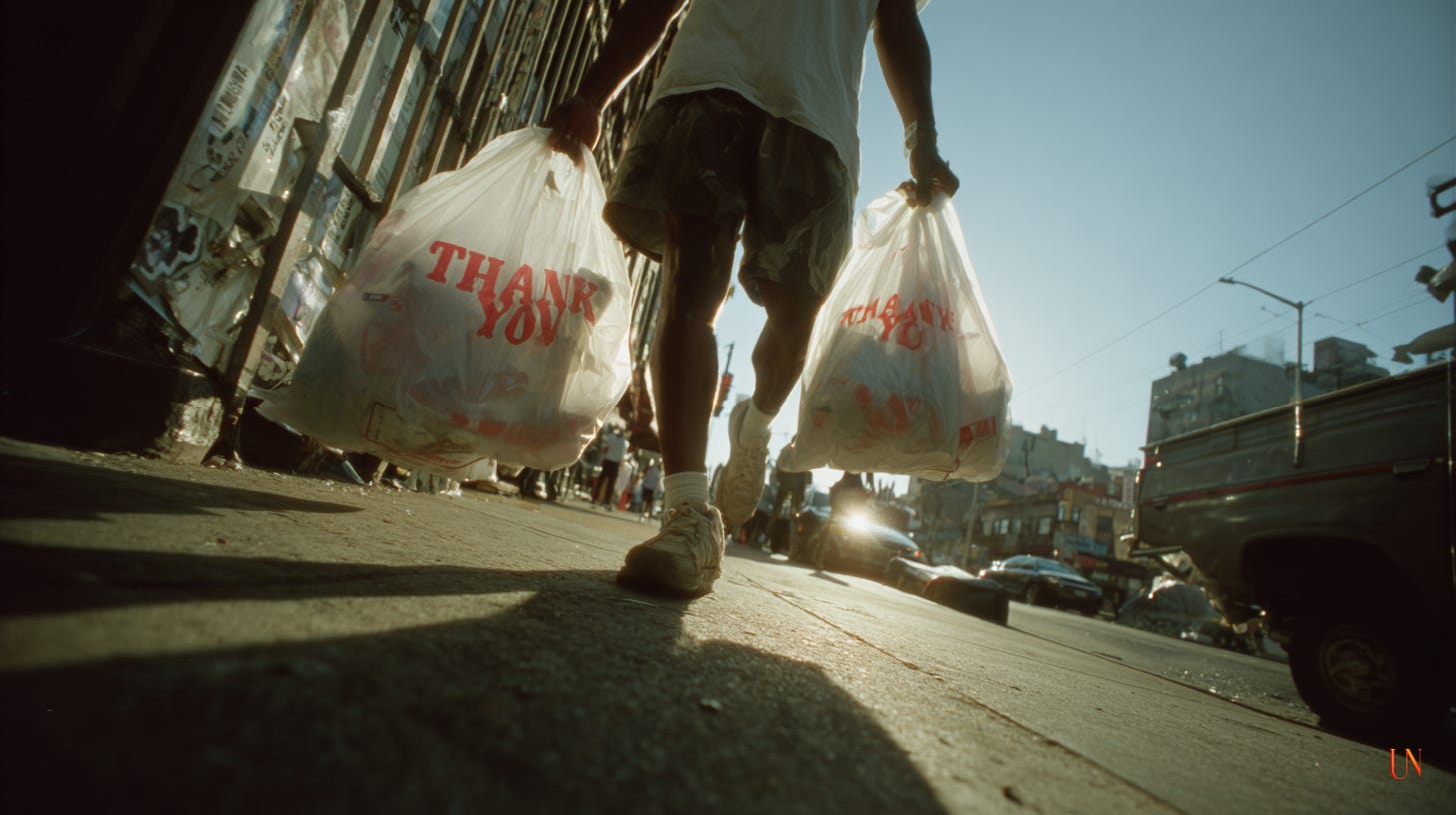 Low-angle street photograph of a man walking with two plastic “Thank You” bags in each hand. The sun is low, casting a long shadow across the sidewalk. Posters peel from a metal wall to the left, cars and buildings blur in the distance, and the bags sway with the weight of groceries.