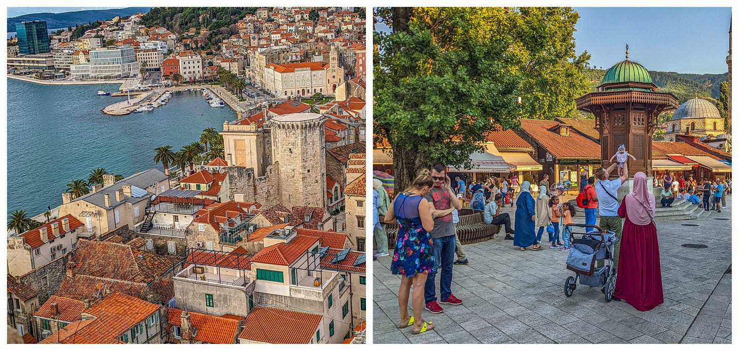 Aerial photo of the red-tiled roofs of Split, and a plaza in Sarajevo filled with shoppers. 