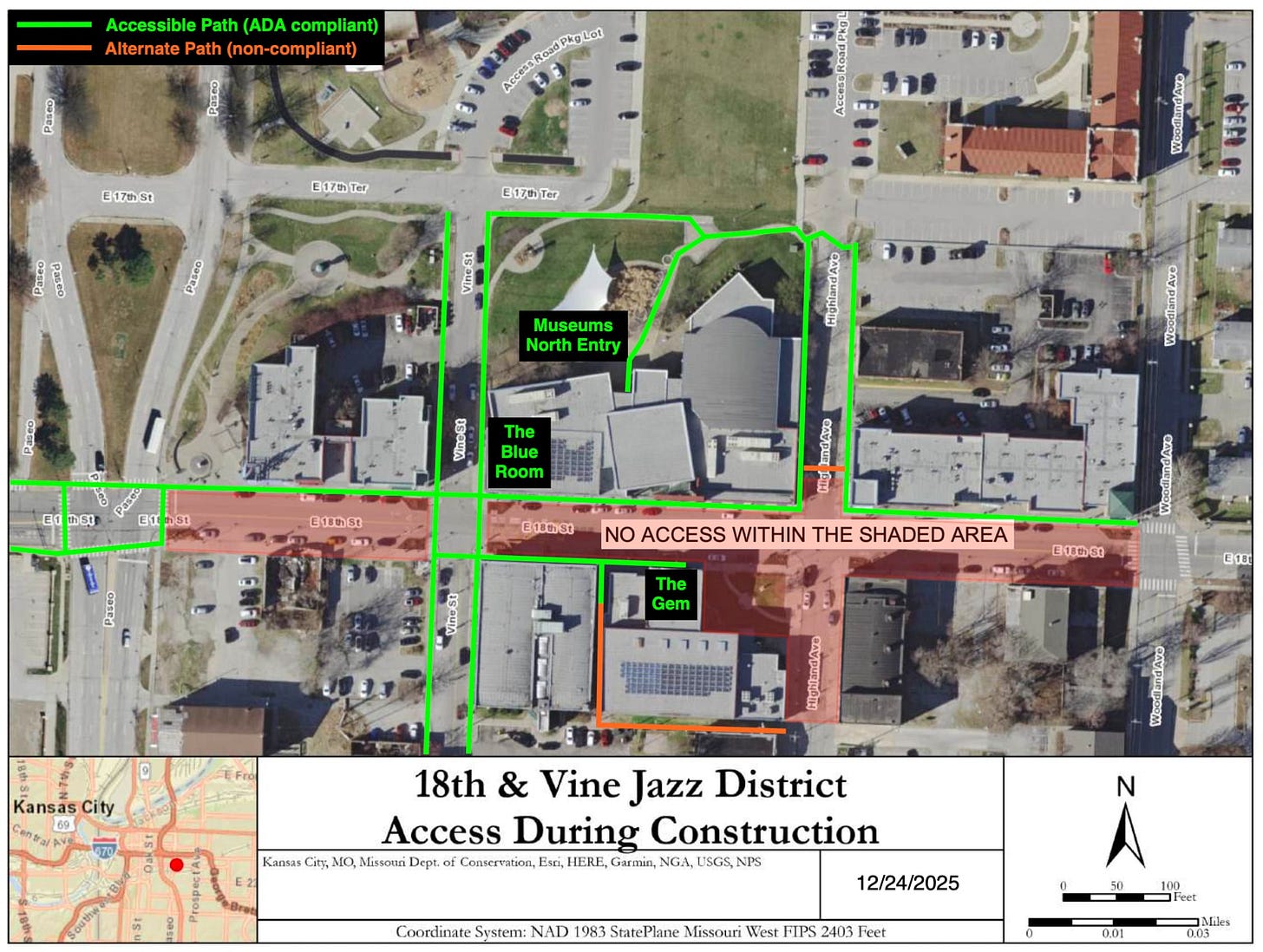 A map of ADA-compliant and non-ADA-compliant paths around the American Jazz Museum and Gym Theater as of December 24th, 2025. Both the front entrance and rear entrance of the Jazz Museum have ADA-compatible paths, and the front and side entrances of the Gym Theater do as well. 