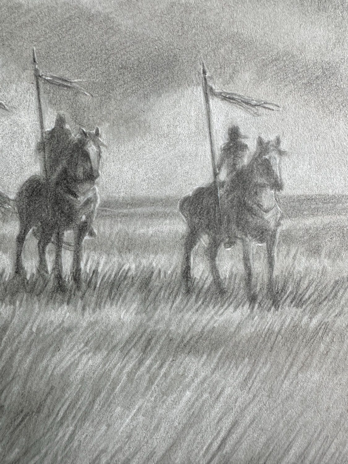 Detail of fantasy illustration of a men on horseback with tasseled spears on a vast plain by Kindrie Grove