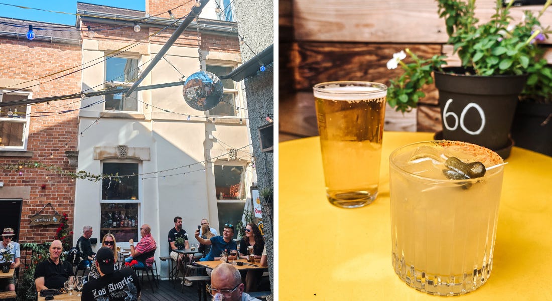 Two pictures of Junkyard in Nottingham - one of the beer garden with people sat outside it and a disco ball, and one of a yellow table with two drinks on top of it Two pictures of Junkyard in Nottingham - one of the beer garden with people sat outside it and a disco ball, and one of a yellow table with two drinks on top of it