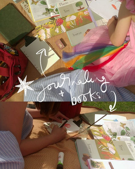 girl on the picnic blanket journaling with art supplies