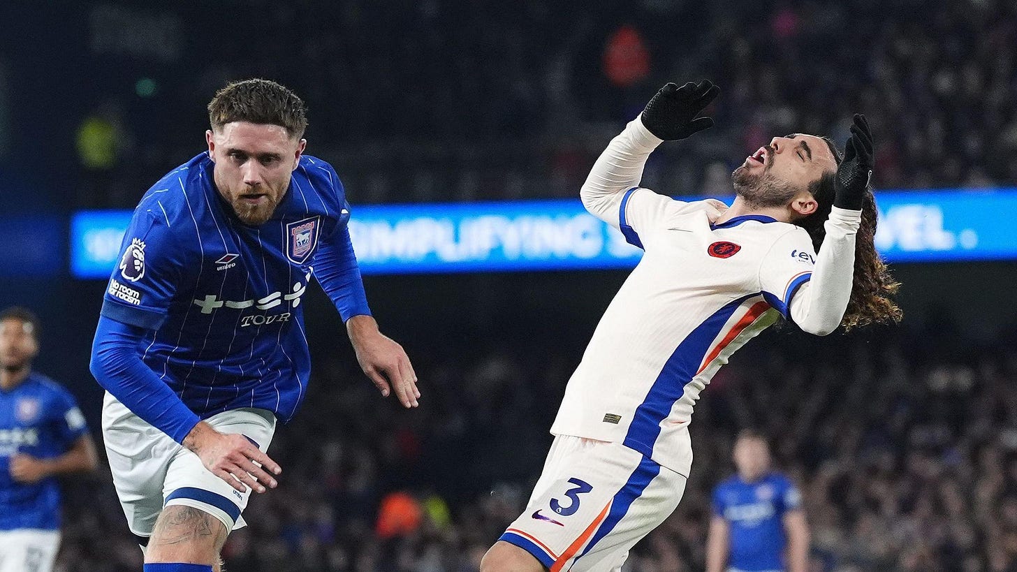 Marc Cucurella reacts after getting struck by Ipswich player