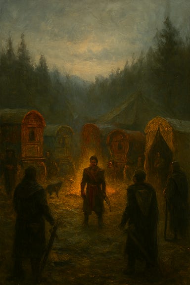 Luvash's Vistani camp in Barovia, nestled in a misty clearing near the River Ivlis. Colorful vardos (gypsy-style wagons) are arranged in a loose circle, their paint dulled by dew and soot. A central campfire lies cold, surrounded by scattered wine bottles and broken crates. The air is heavy with tension. Vistani men stand watch near the wagons, some with curved blades at their sides. A large tent dominates the center, its canvas stained and sagging. Mist curls around the camp, and a raven watches from a crooked branch overhead.