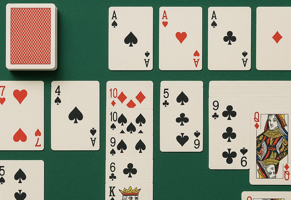 A game of solitaire (patience) in progress on a green felt surface. A deck of cards is in the top left corner, and several columns of face-up and face-down cards are laid out below. Four aces (spades, hearts, clubs, and diamonds) are placed at the top as foundation piles. The tableau includes various cards, such as a 7 of hearts, 4 of spades, 10 of diamonds, 10 of spades, and a Queen of diamonds. The layout suggests a standard Klondike solitaire setup.