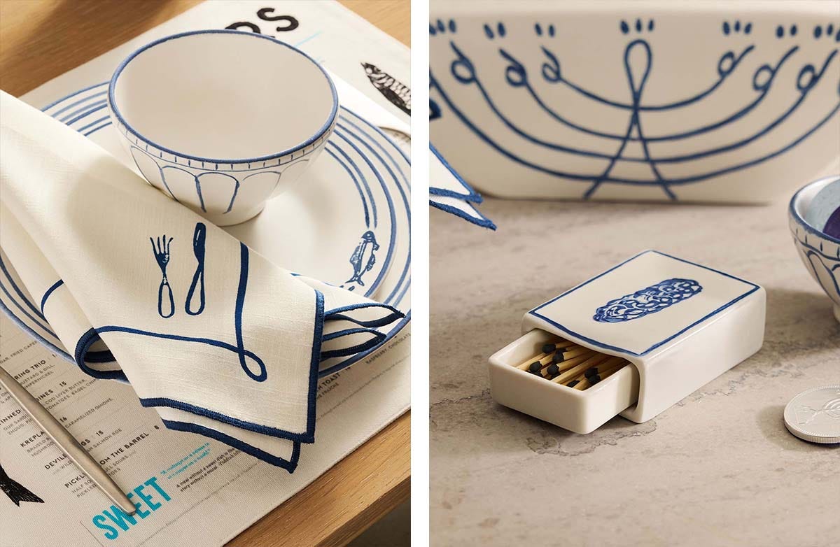 Blue-and-white stoneware dishes with napkin, plus a ceramic matchbox on right.