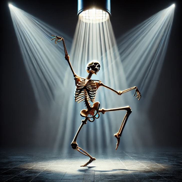 A skeleton joyfully dancing under a bright spotlight on a dark stage, symbolizing self-acceptance, freedom, and transformation.