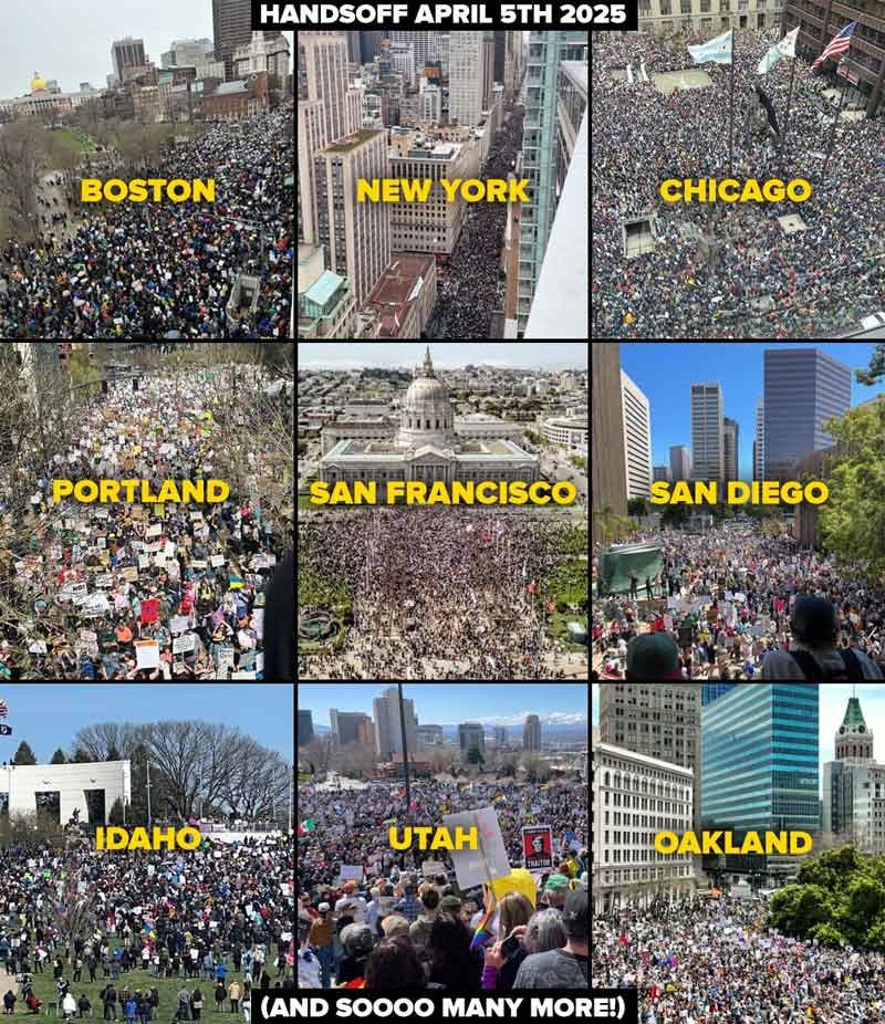 A photo collage showing tens of thousands of people marching during Hands Off! protests in nine cities across America