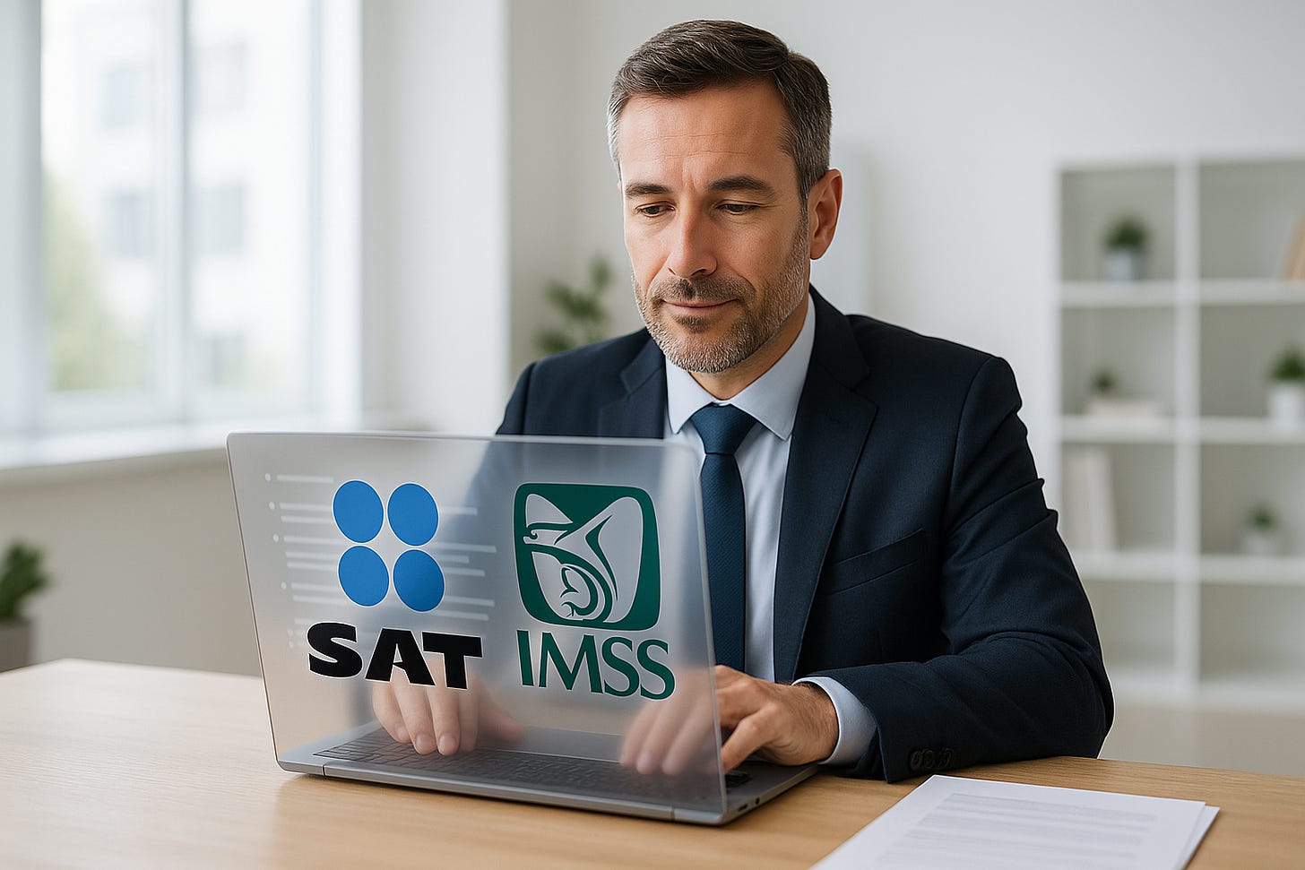 Imagen de un empresario trabajando en una laptop que muestra los logos del SAT y el IMSS, ilustrando las obligaciones patronales.