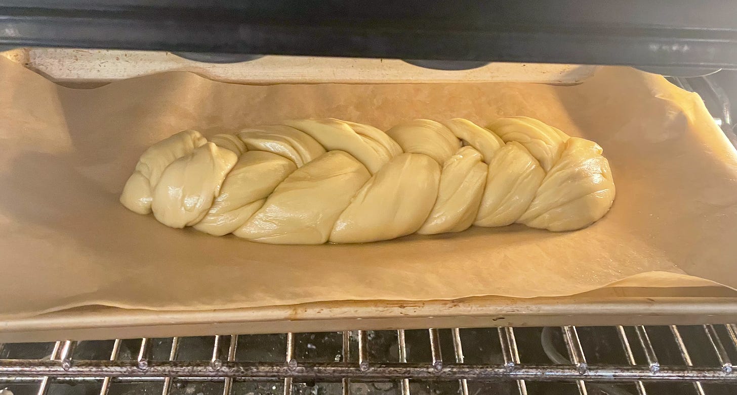 challah dough going into an oven
