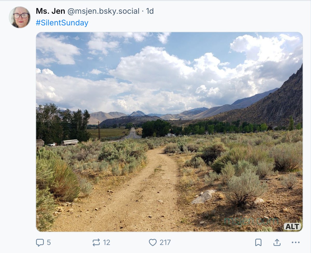A screenshot of Ms. Jen's Blue Sky #SilentSunday photo post from yesterday of a winding dirt path amongst the sagebrush with mountians and big fluffy clouds in a blue sky. Photo and Screenshot by Jenifer Hanen.