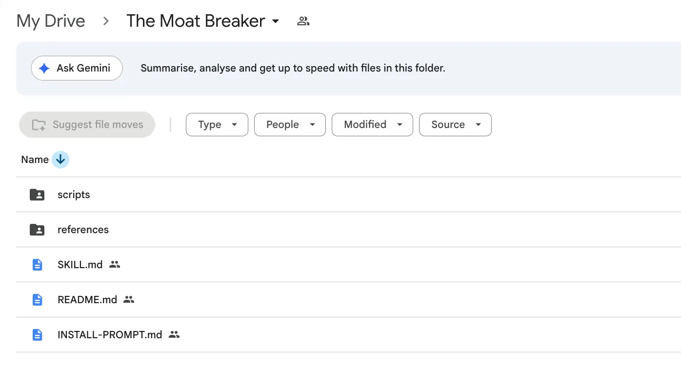 Google Drive folder with the Moat Breaker Claude Code skill files and the single install prompt Google Drive folder with the Moat Breaker Claude Code skill files and the single install prompt