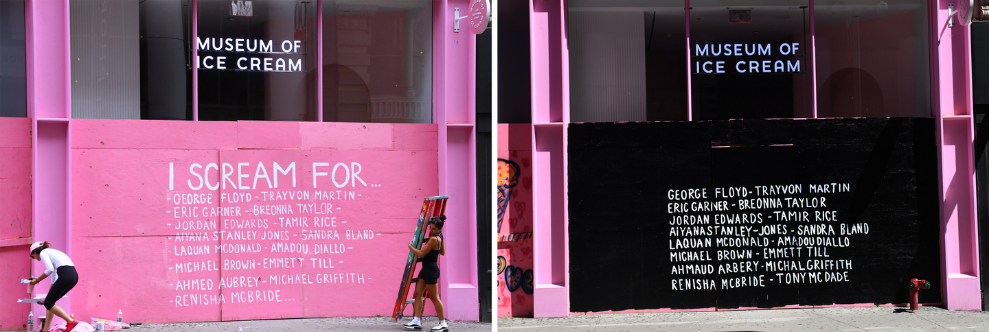 Before and after: the boarded-up storefront of the Museum of Ice Cream was painted pink in supposed solidarity with Black Lives Matter protests. But the color and a spelling mistake led to heavy social media backlash, and a redo.  