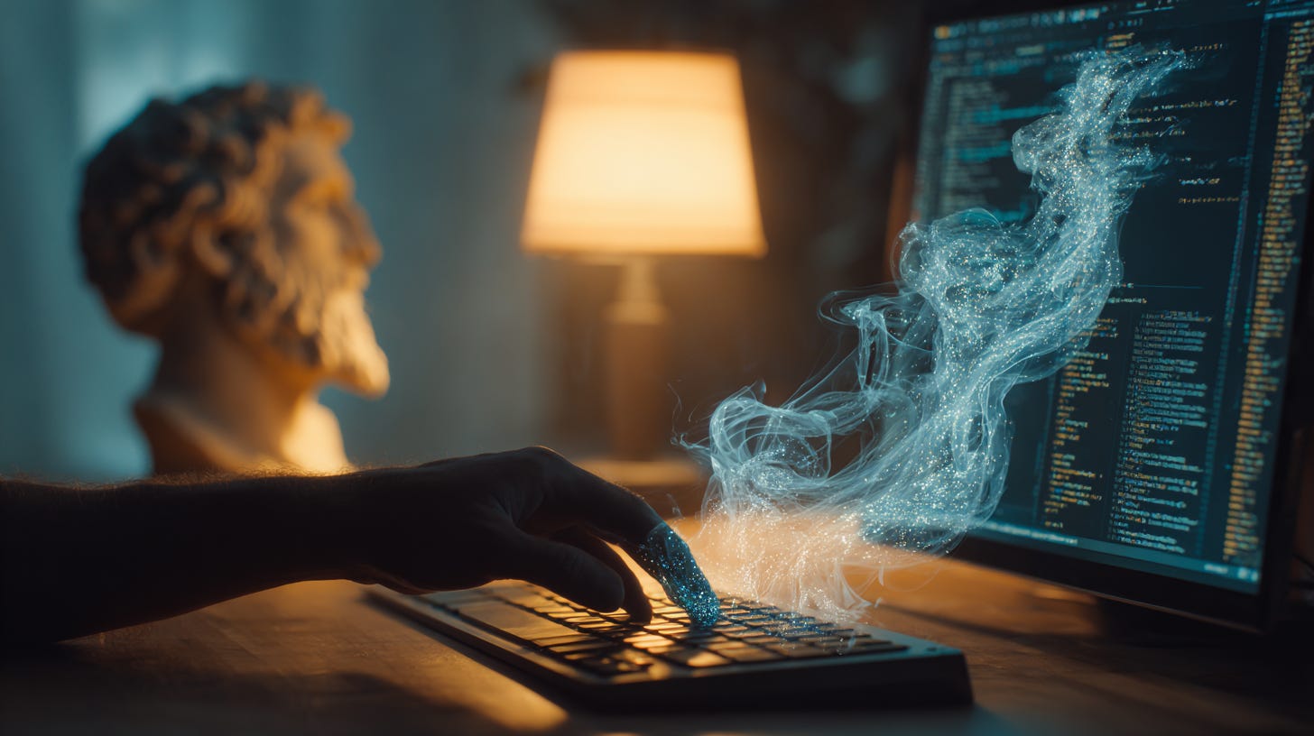  cinematic photograph of a developer's hands typing elegant code on a glowing terminal screen, the code transforming into flowing water or ethereal smoke 