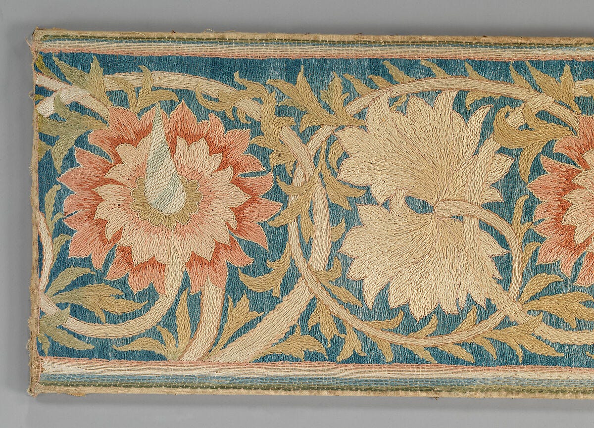 Five pink flowers with foliated tendrils, Morris & Company, Linen embroidered with silk, in non-original frame, British Five pink flowers with foliated tendrils, Morris & Company, Linen embroidered with silk, in non-original frame, British