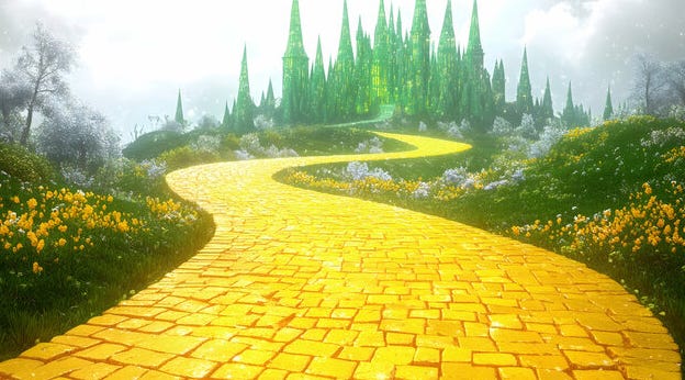 Image of the yellow bring road from the wizard of oz, winding toward the horizon, the emerald city rises toward the sky on the horizon line