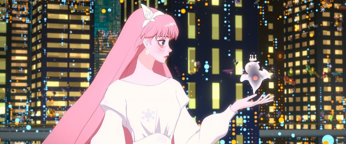 Belle the avatar holding a little ghost avatar in front of the U city landscape