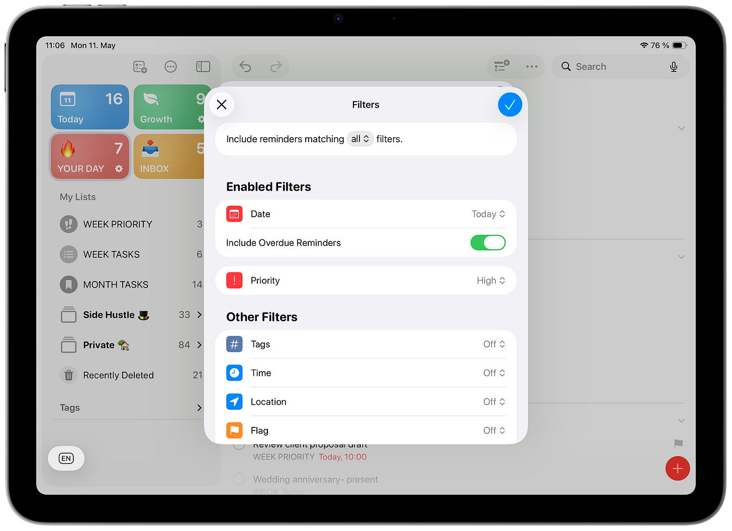 Apple Reminders Smart List settings and filters displayed on iPad Air.