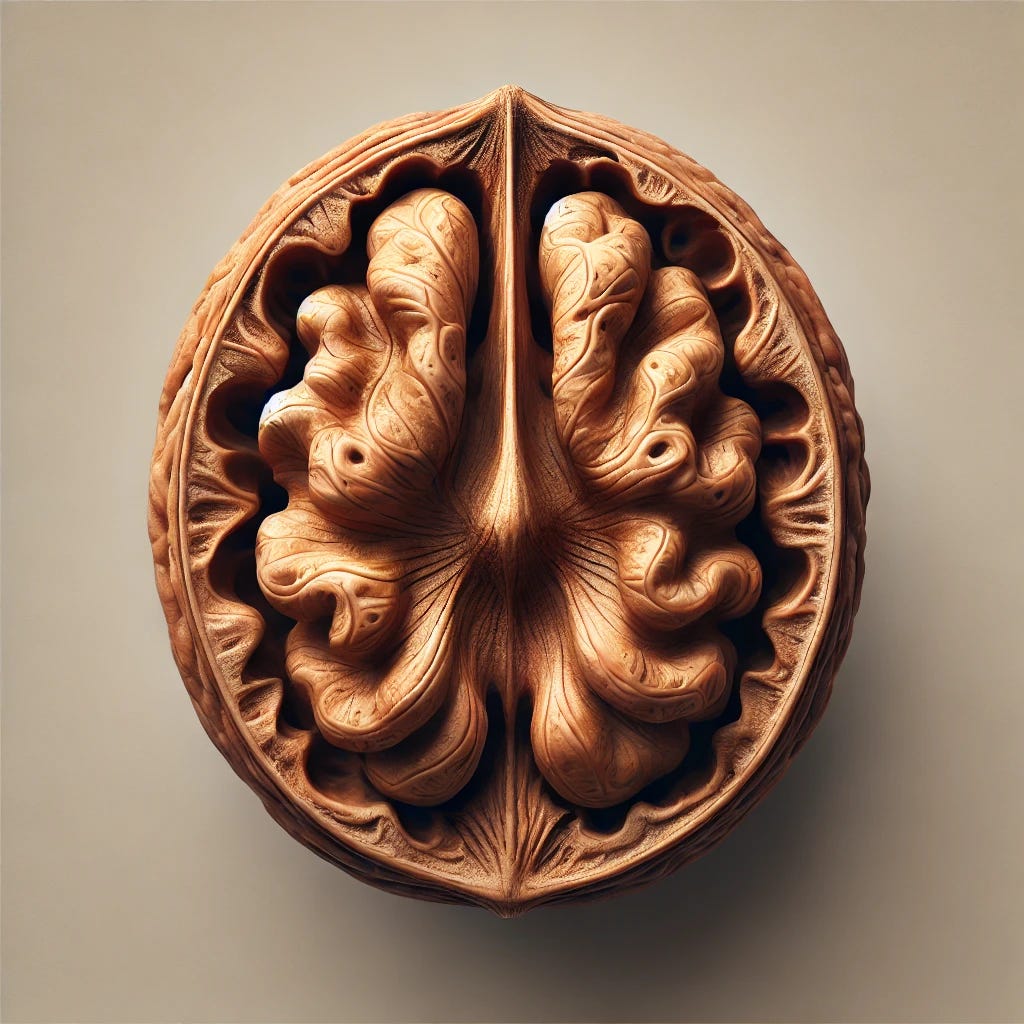 A detailed top-down view of half a walnut, showing the intricate texture and natural curves of the nut inside its shell. The image captures the organic patterns and earthy tones, emphasizing the realistic details of the walnut’s surface.