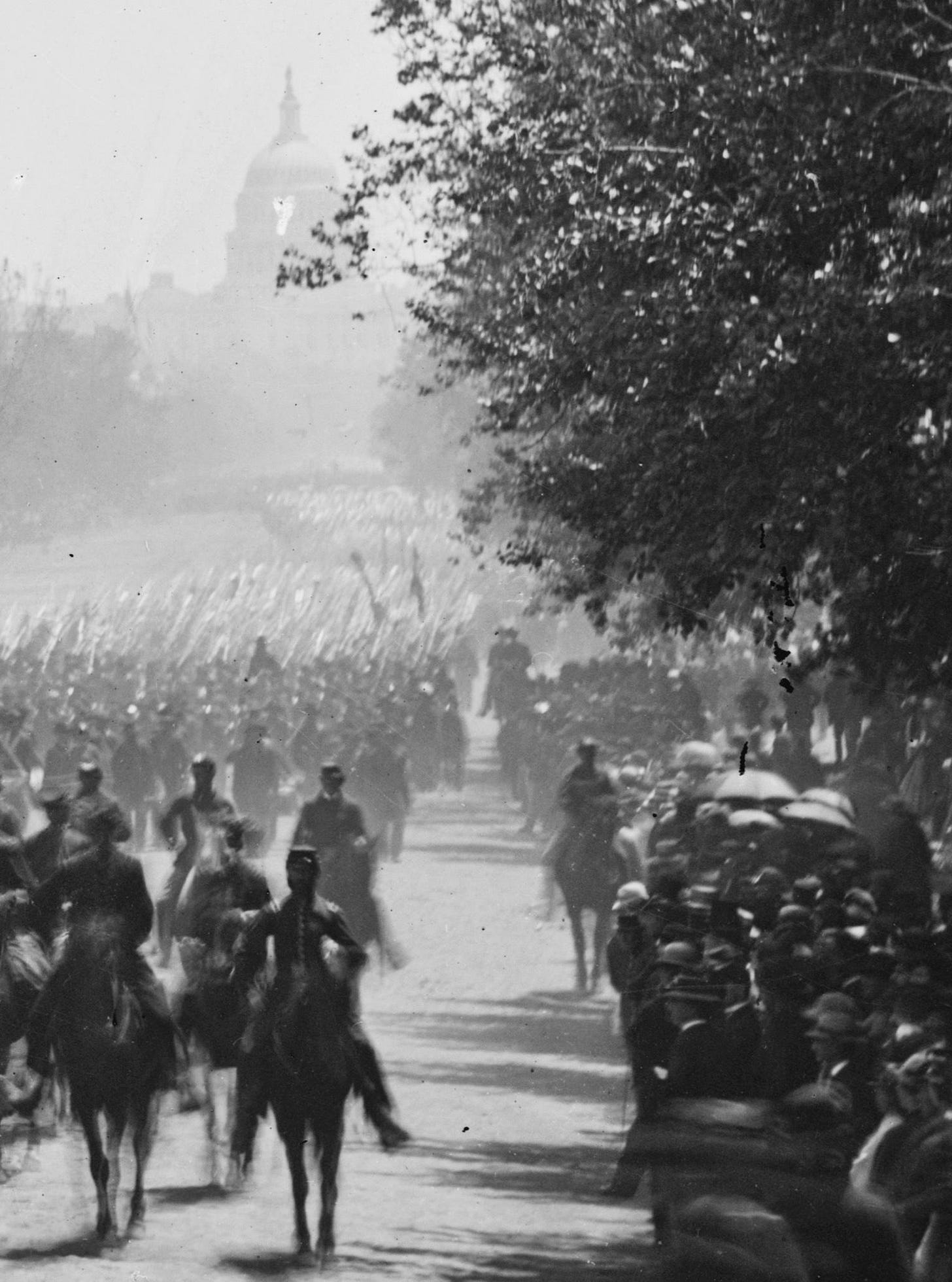 Washingtonians gather to witness the spectacular Grand Review of the Union Army in May 1865, a celebration marking the end of the Civil War.