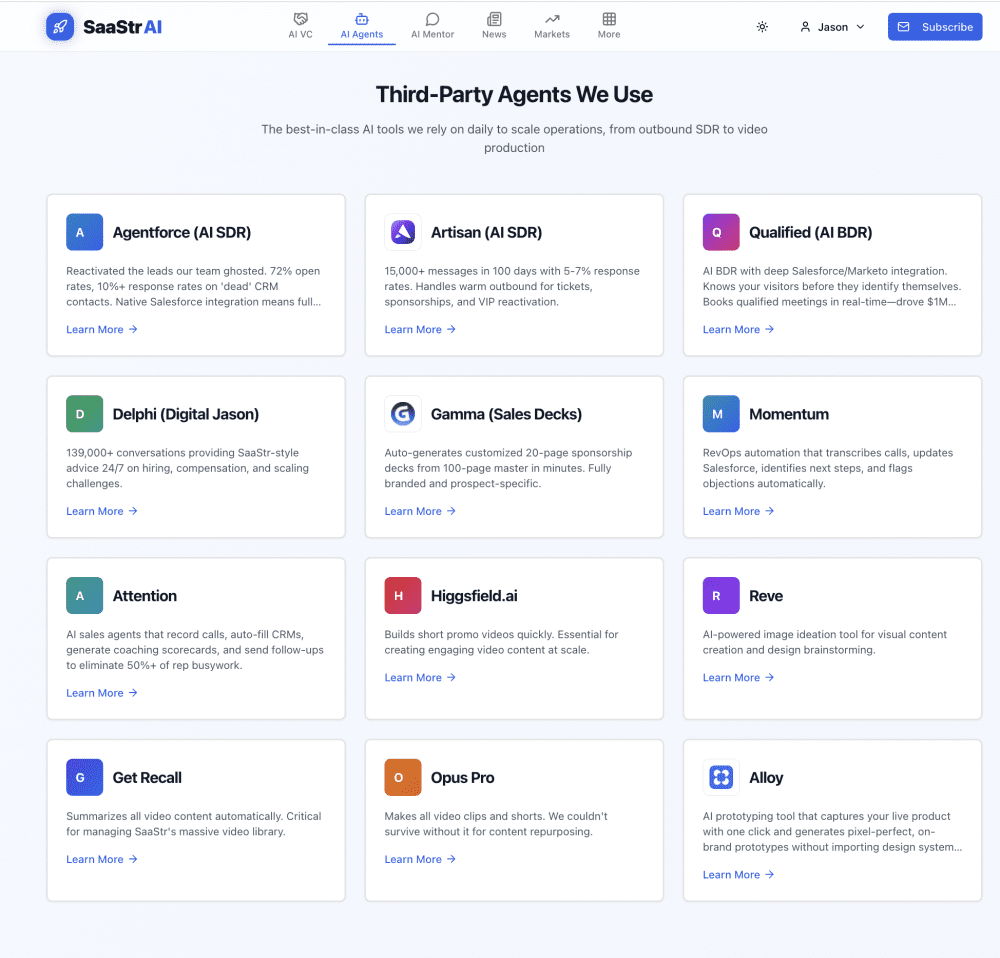 Image 1: SaaStr.Al showcasing third‑party agents with their descriptions and functions like Agentforce, Artisan, Qualified, Delphi, Gamma, Momentum, Attention, Higgsfield.ai, Reve, Get Recall, Opus Pro, and Alloy