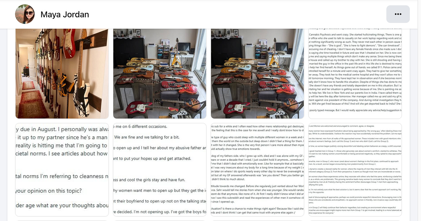 a portion of the Photos tab of the "Maya Jordan" Facebook account from October 2025, showing a pivot from screenshots of Reddit text posts to photos of guitar